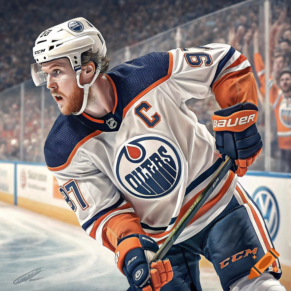 A hockey player in an Oilers uniform skates on the ice during a game.