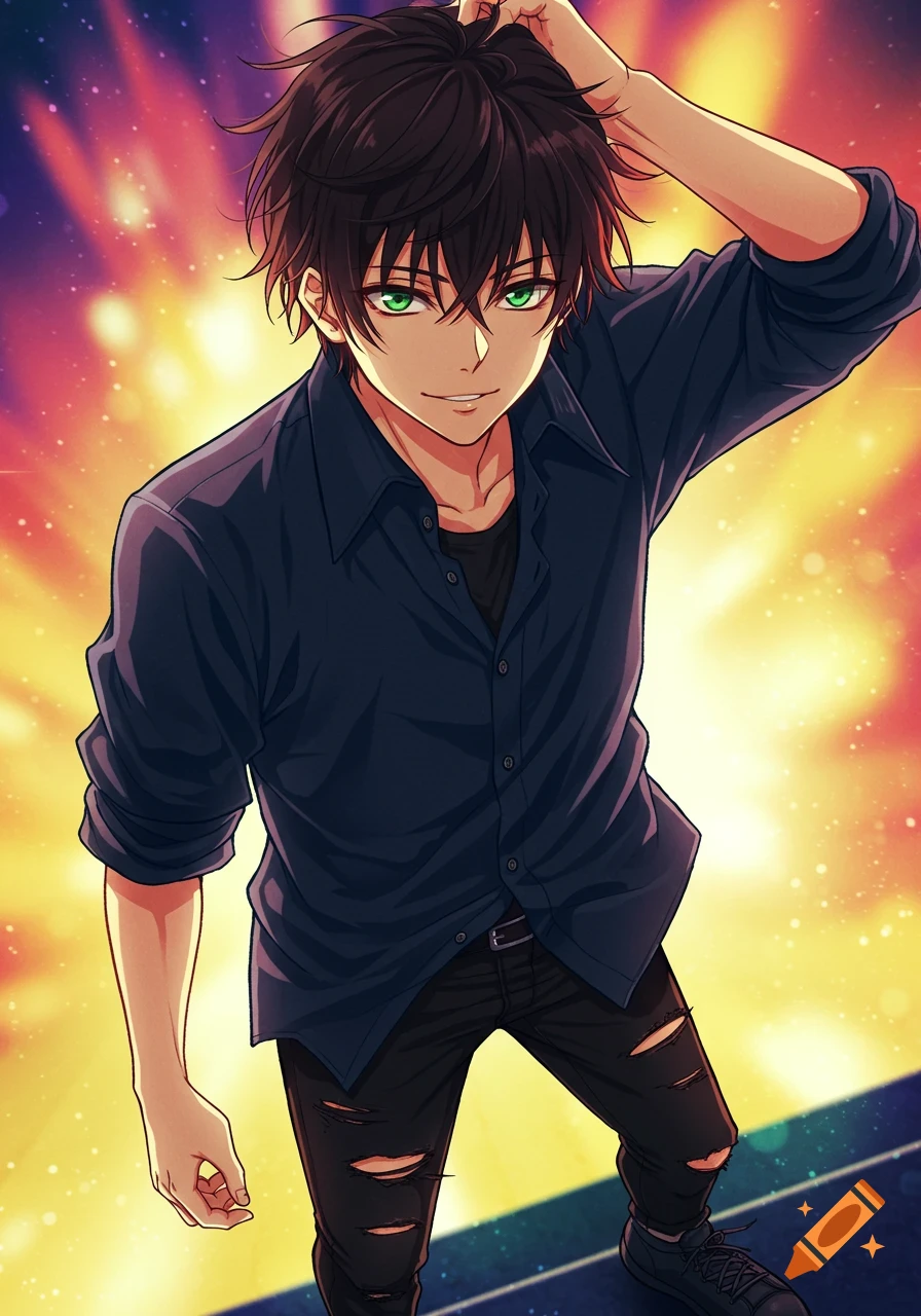 Anime boy with messy hair and green eyes wearing a dark shirt against a ...