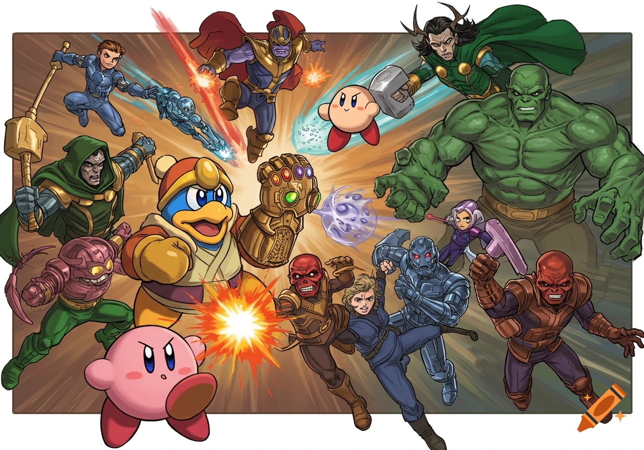 Kirby and various Marvel heroes and villains fighting in a cartoon style.