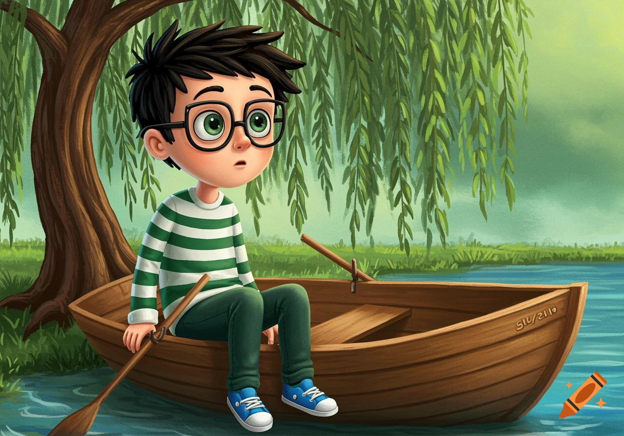 Cartoon boy in glasses and striped shirt sits in a wooden boat near a willow tree.