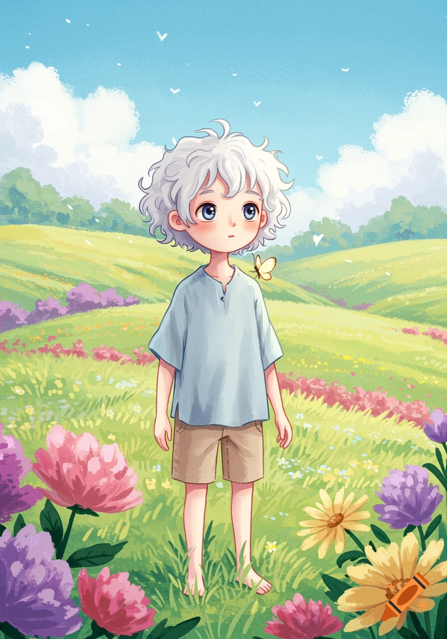 Anime style illustration of a boy with curly white hair standing in a field of flowers.