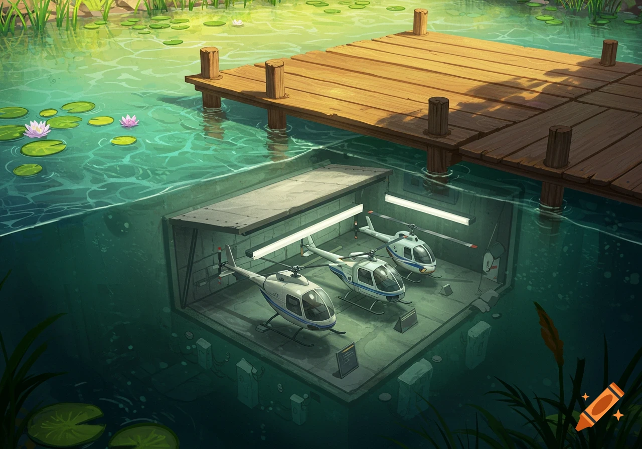 An illustration of an underwater base housing three helicopters beneath a wooden dock on a pond with lily pads.