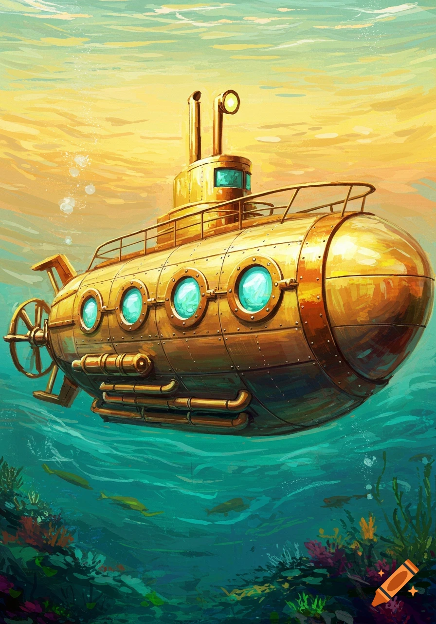 Steampunk submarine underwater in an impressionistic style.