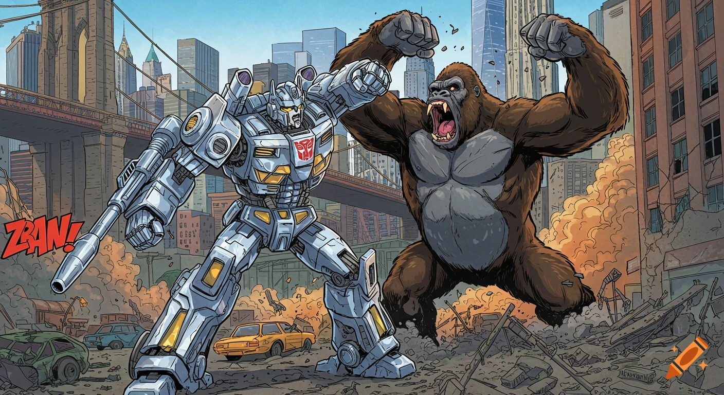 Comic book art of a robot fighting a giant gorilla in a destroyed city.