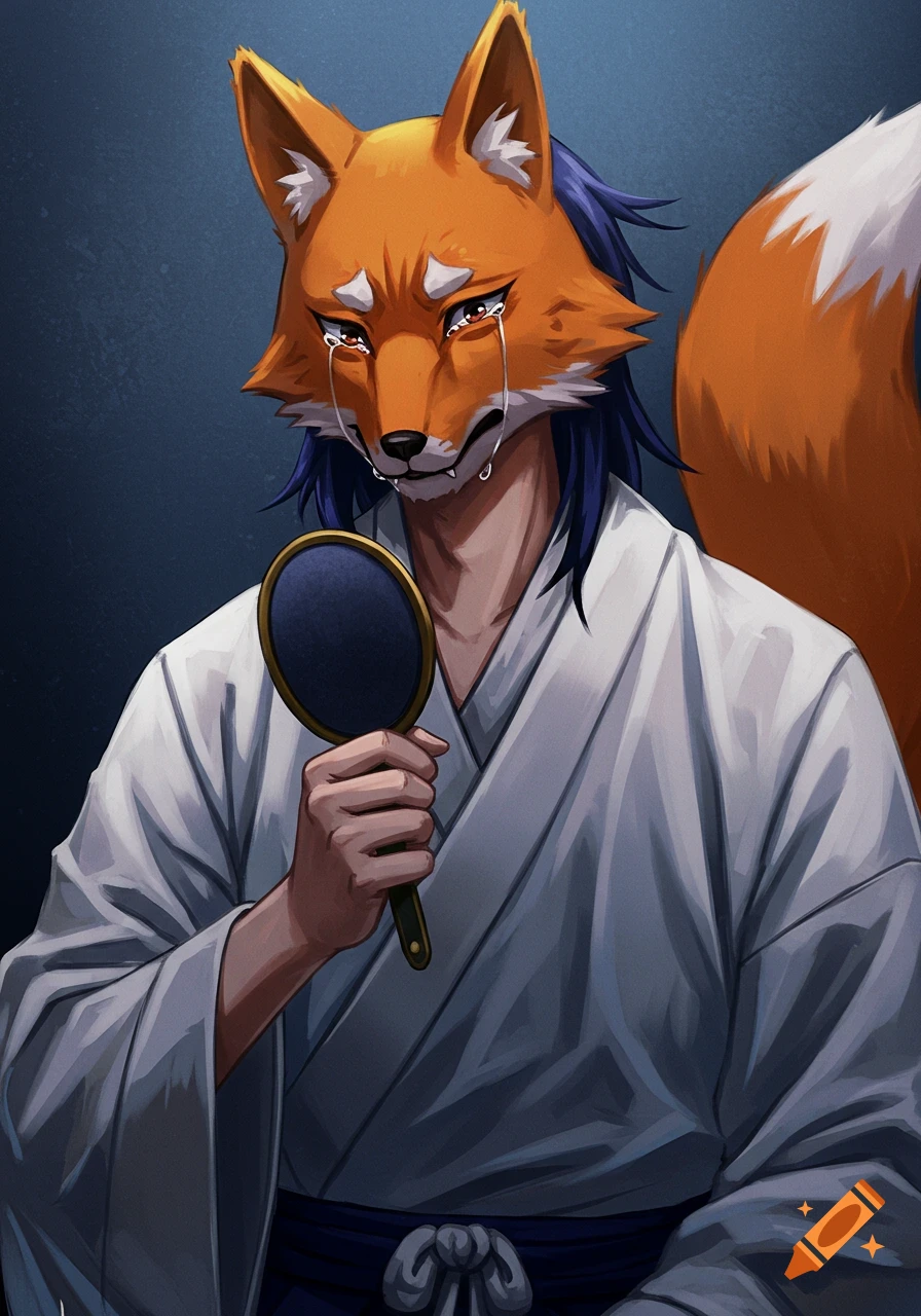 Anime style illustration of a person wearing a fox mask and kimono, crying and holding a mirror.