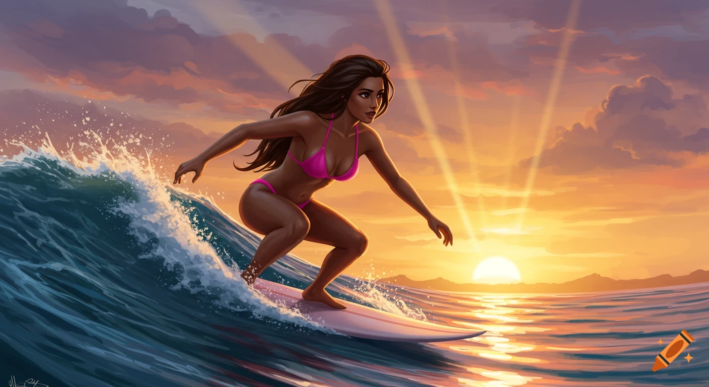 Illustration of a woman in a pink bikini surfing a wave at sunset.