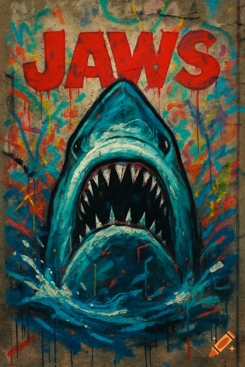 Graffiti painting of a shark's head breaking water with 'JAWS' text above.