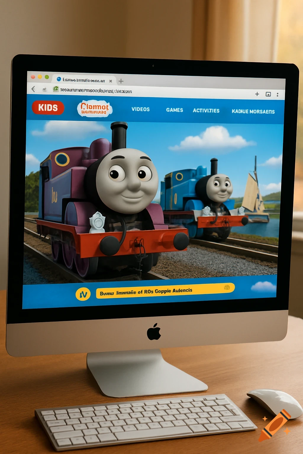 A computer screen displays a Thomas & Friends website with CGI trains, a keyboard, and mouse on a desk.