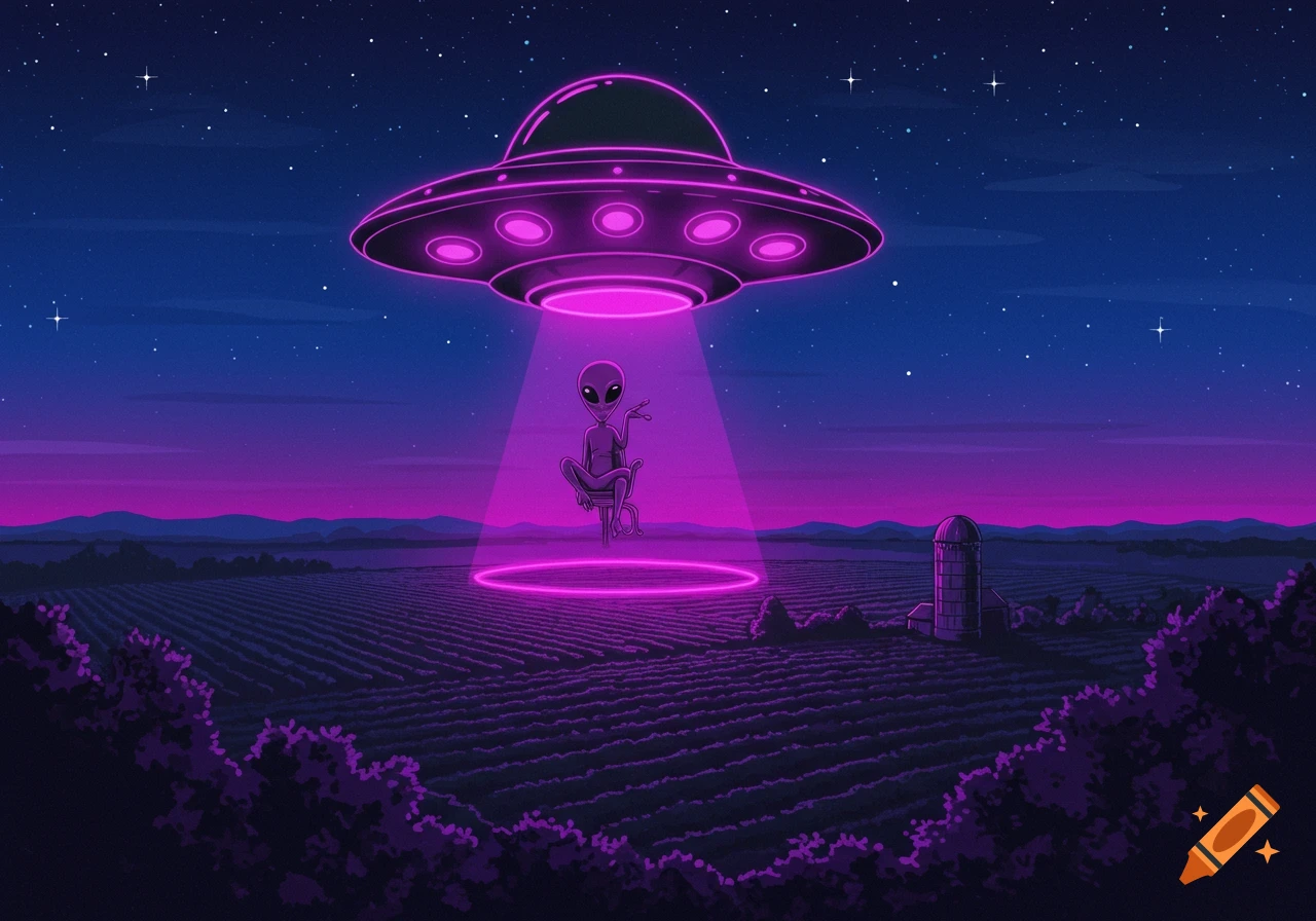 An alien in a glowing UFO hovers over farmland at night in a purple neon style.