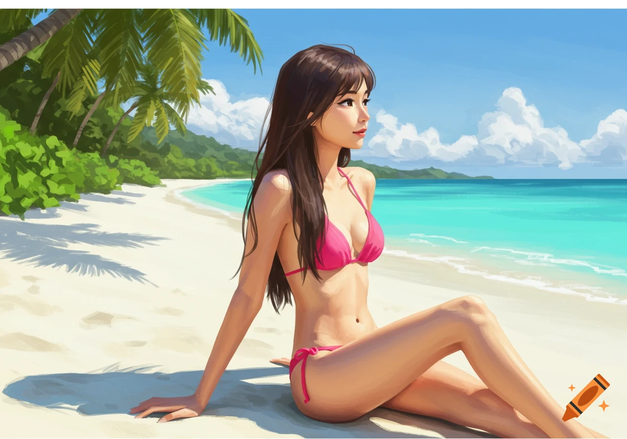 Illustration of a woman in a pink bikini sitting on a beach with palm trees