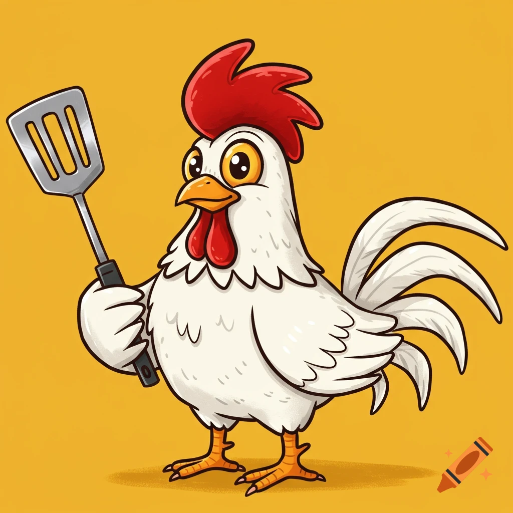 A cartoon white rooster holds a metal spatula against a yellow background.