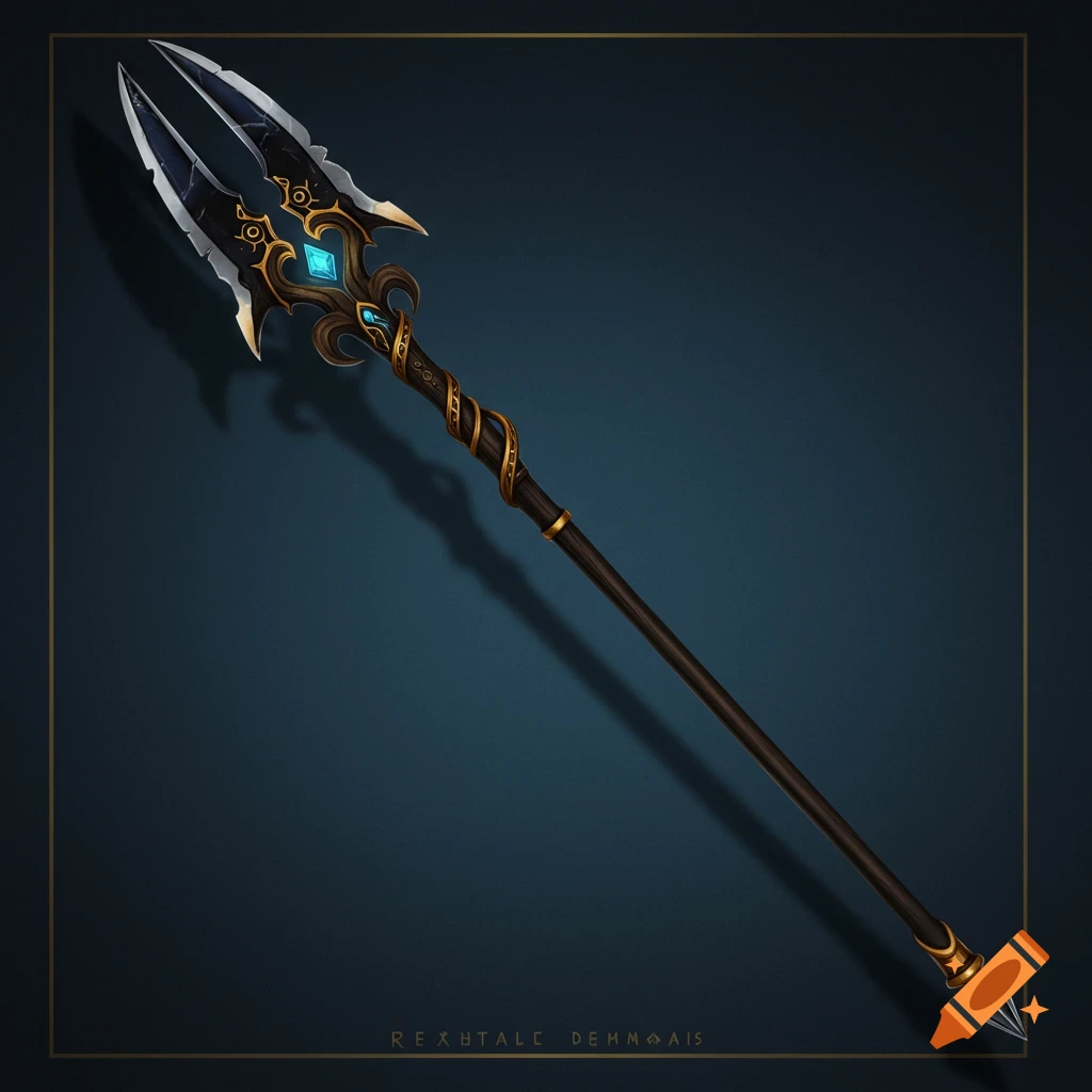 A dark fantasy spear-staff with gold and blue accents on a dark blue background.