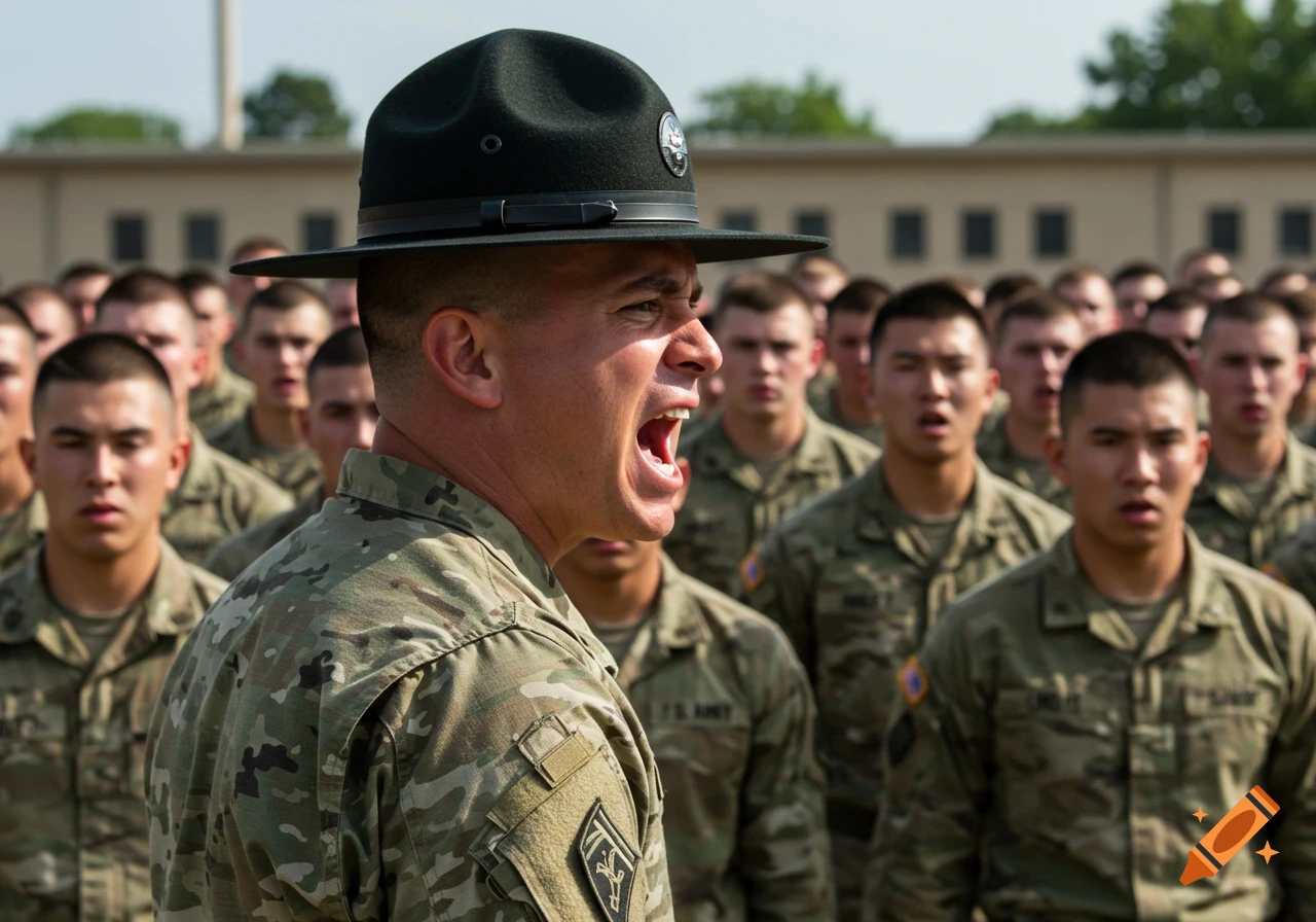 A military drill instructor yells at soldiers standing in formation.