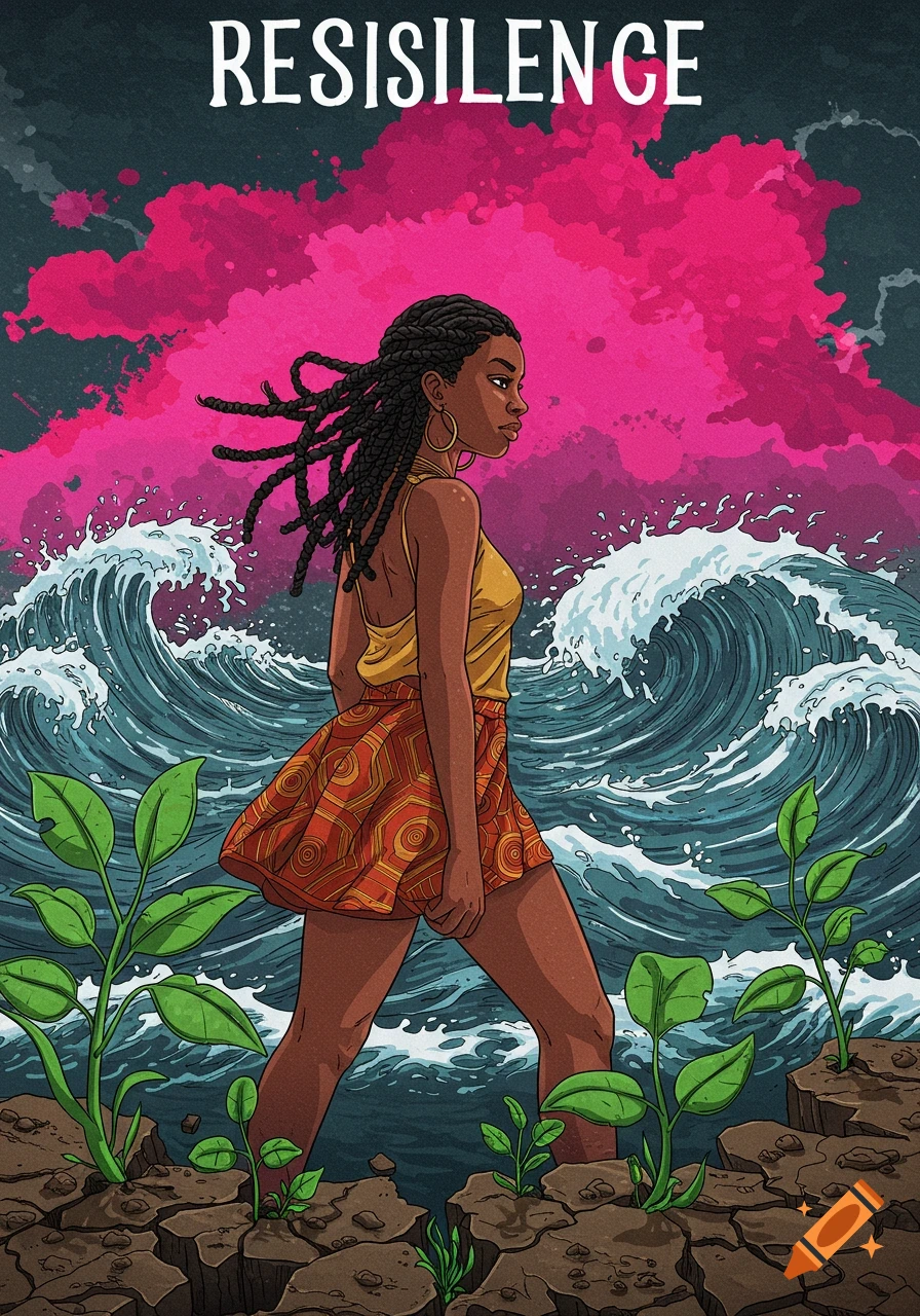 A woman walks towards plants growing from dry earth, away from large waves under a pink sky, illustration style.
