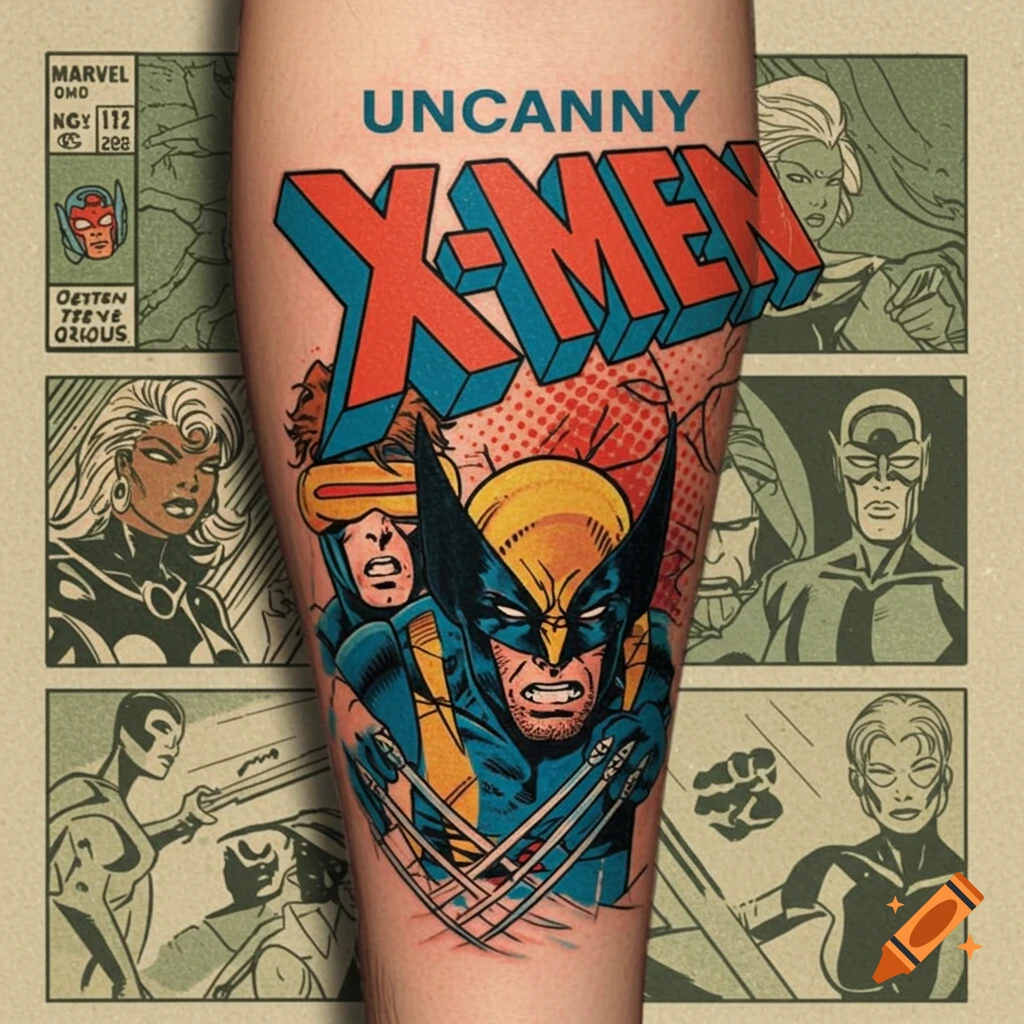 Uncanny X-Men comic book style tattoo on an arm featuring Wolverine, Cyclops, and Storm.