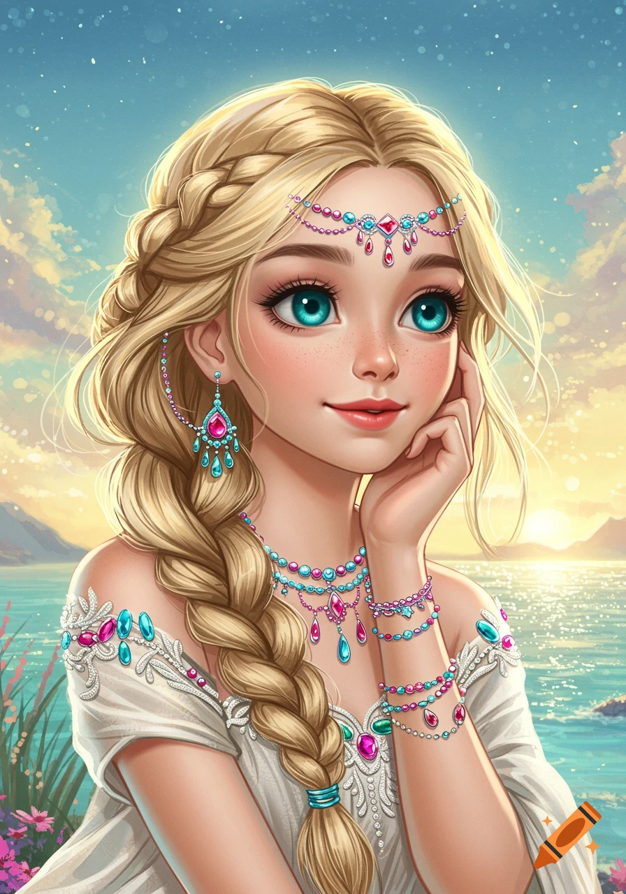 Stylized portrait of a blonde girl with a braid and jewelry by the sea at sunset.