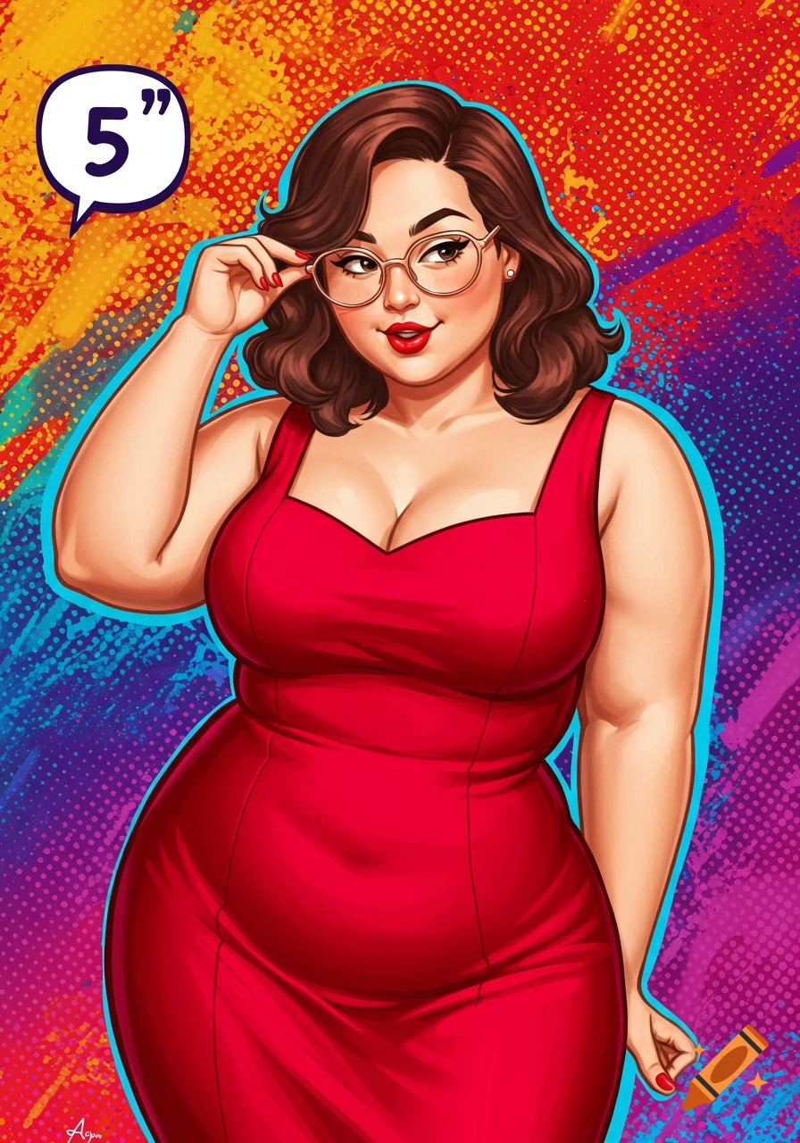 Stylized illustration of a plus-size woman in a red dress and glasses, with a speech bubble saying '5''