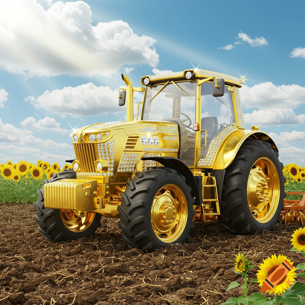 A gold and diamond plated tractor in a field of sunflowers.
