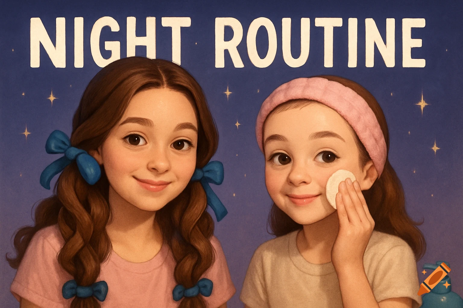 Illustration of two young girls doing their night routine under the text "NIGHT ROUTINE".