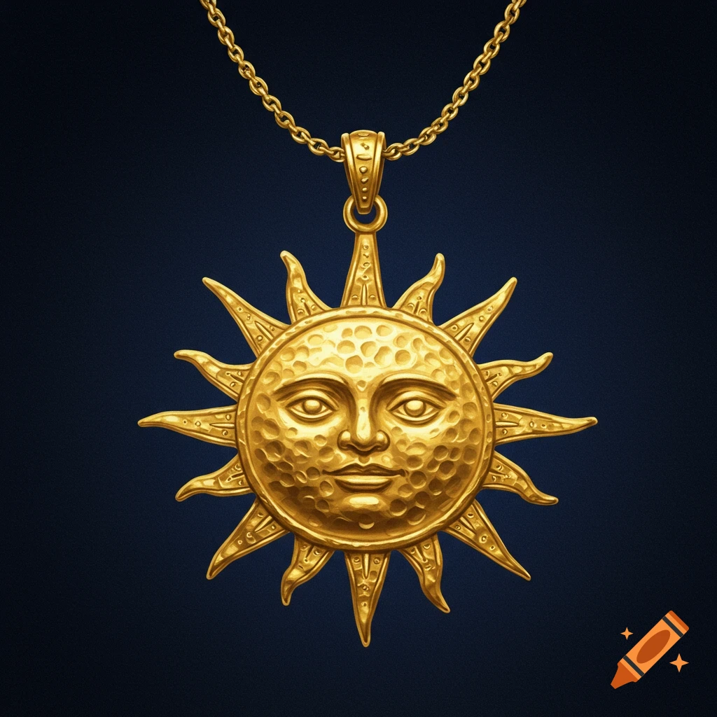 A detailed gold sun pendant with a face on a gold chain against a dark background.