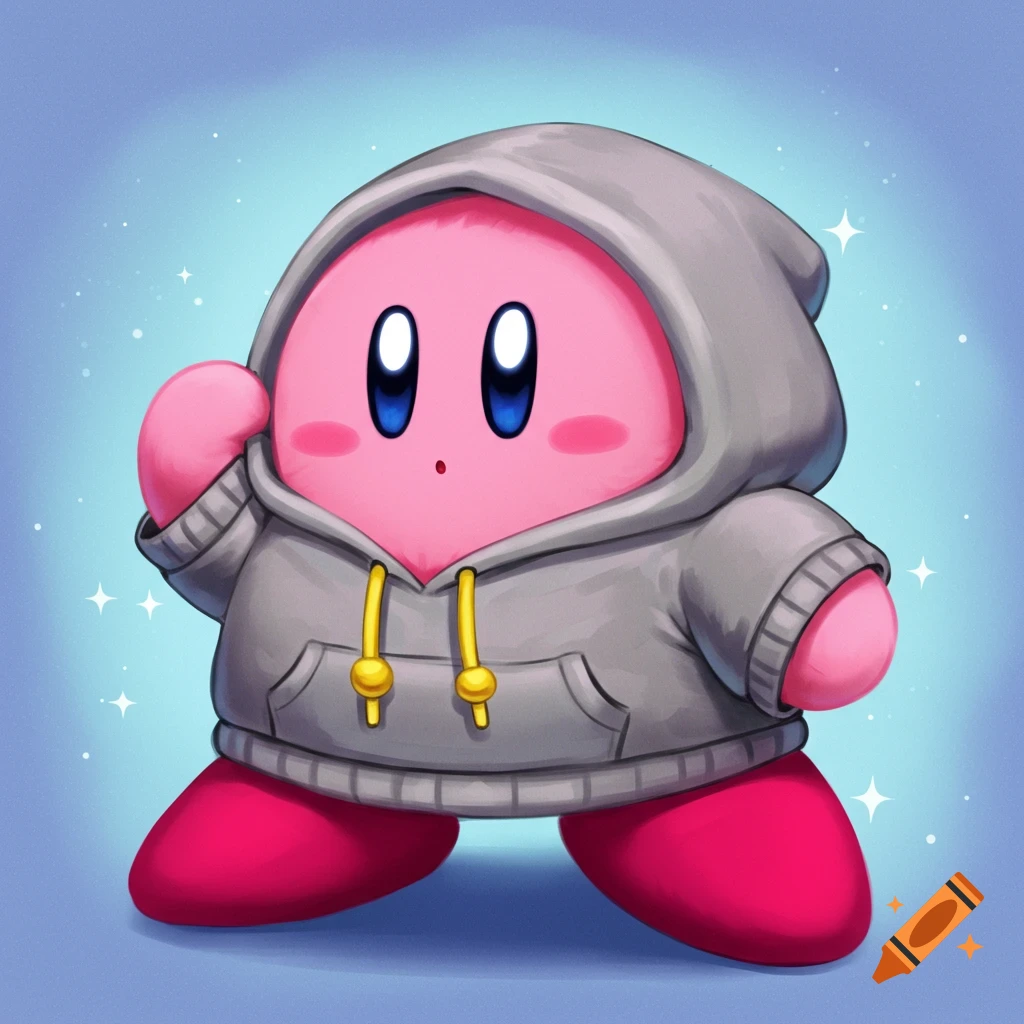 Kirby wearing a grey hoodie