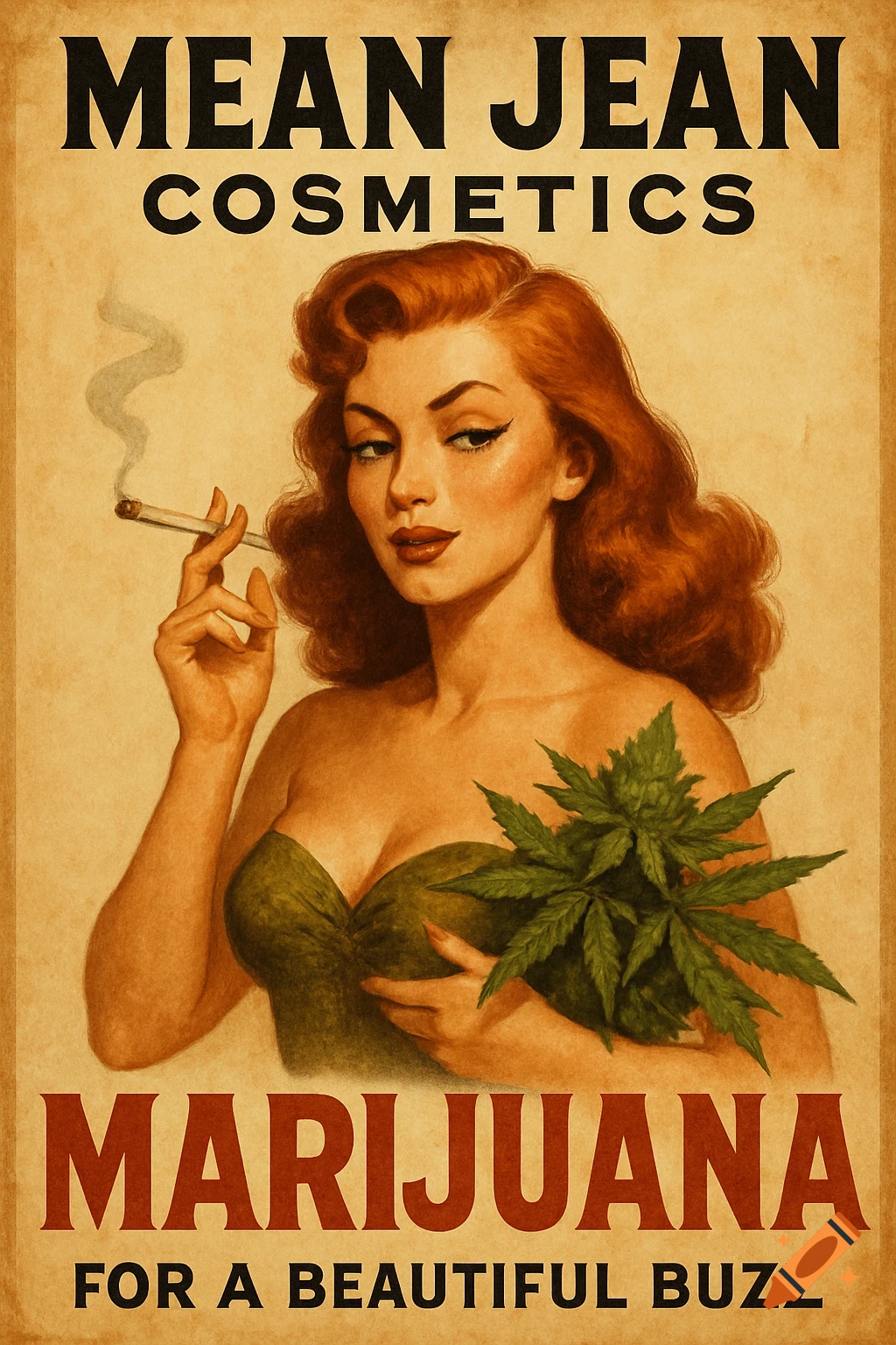 Vintage style poster of a woman smoking and holding marijuana leaves with ad text.