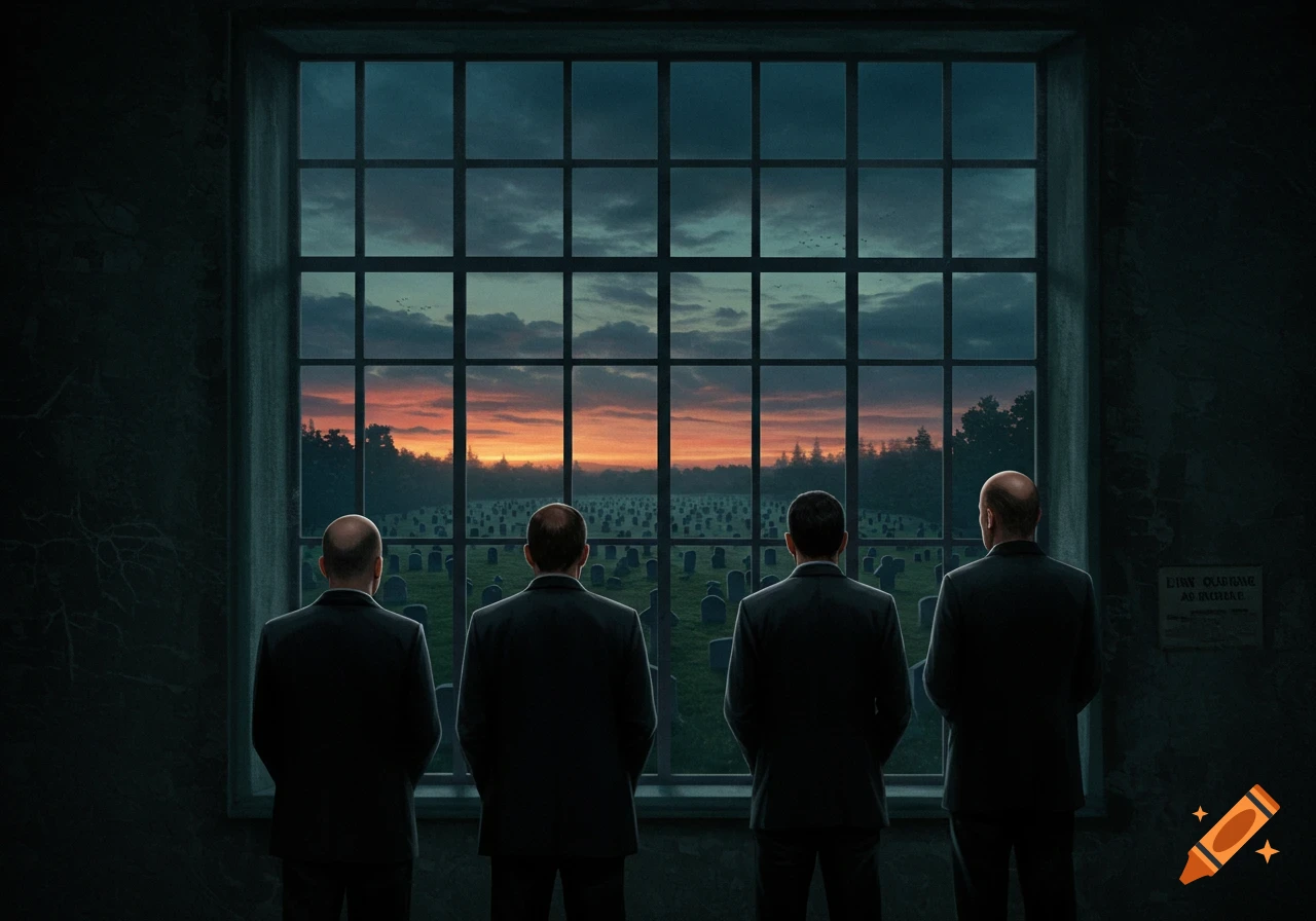 Four men in suits look out a window at a cemetery during twilight.