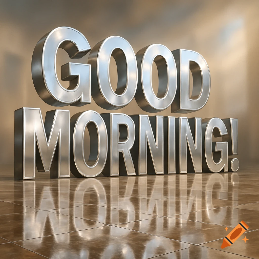 3D metallic text 'GOOD MORNING!' on a reflective floor.