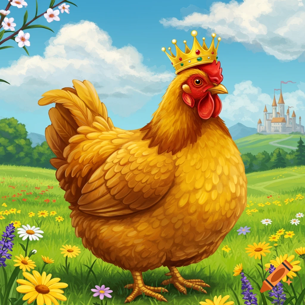 An illustration of a chicken wearing a golden crown in a field of flowers with a castle in the background.