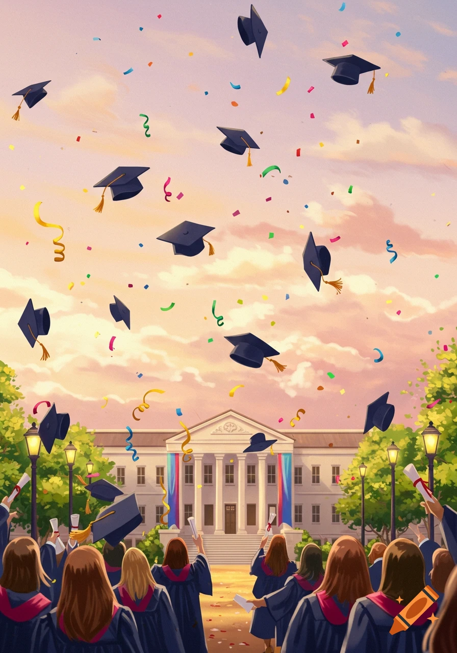Graduates throw mortarboards and confetti into the air in front of a university building.