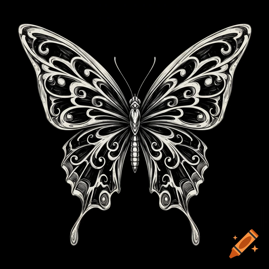 Black and white line art illustration of an ornate butterfly.