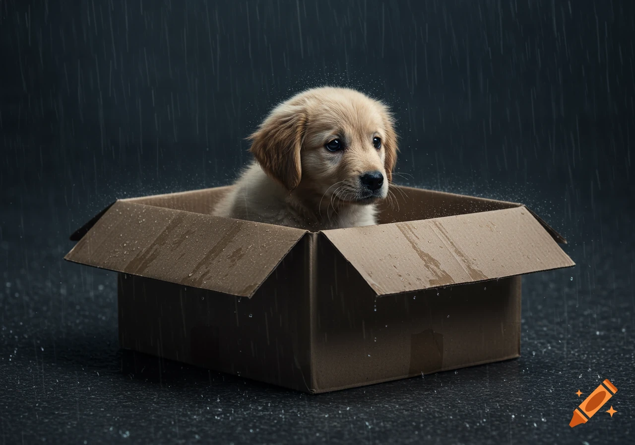 A golden retriever puppy sits in a cardboard box in the rain.