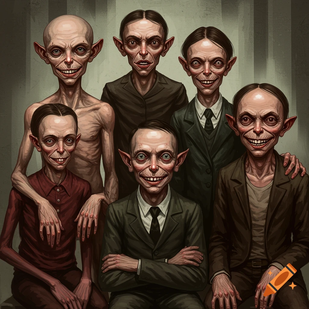 A group of grotesque, smiling figures with large ears and distorted features sit together.
