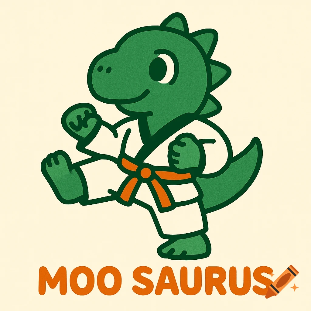 A green cartoon dinosaur in a white taekwondo gi and orange belt kicks, with "MOO SAURUS" text below.