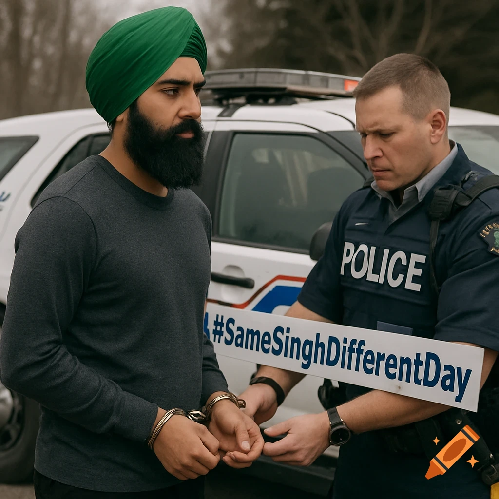 A Sikh man in a green turban is handcuffed by a police officer near a police car with a sign.