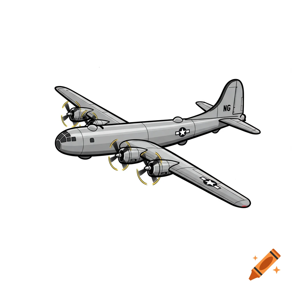 A cartoon illustration of a gray bomber airplane with four engines.