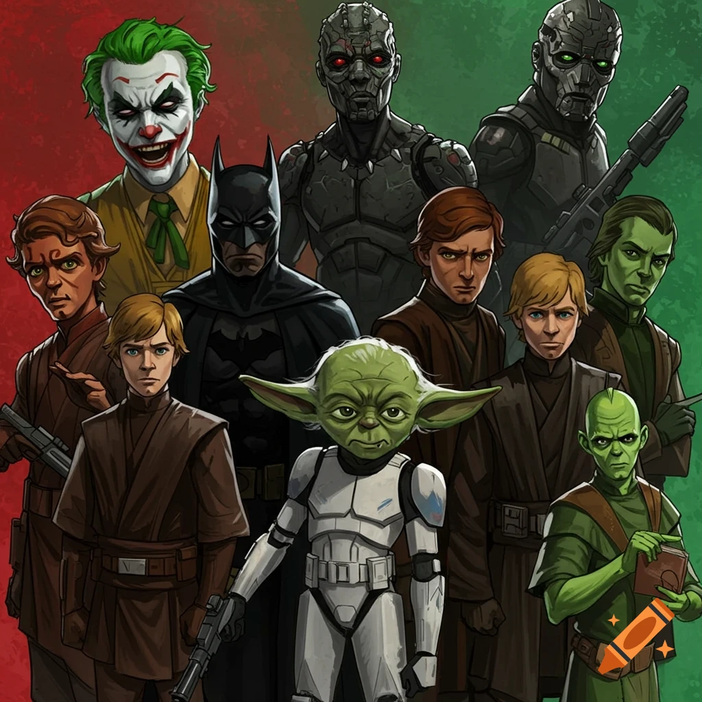 An animated style illustration of Joker, Batman, Yoda, Luke Skywalker, and other characters posing together.