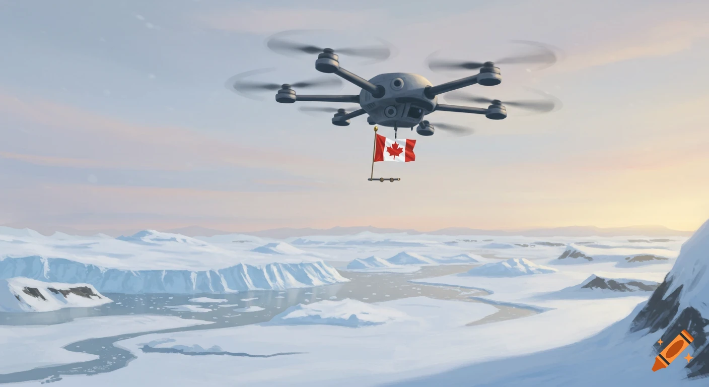 An illustration of a drone flying over a snowy Arctic landscape carrying a small Canadian flag.