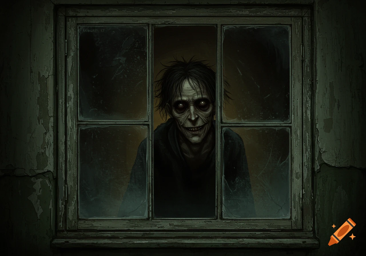 A gaunt, creepy face with glowing eyes stares through a dirty, cracked window.
