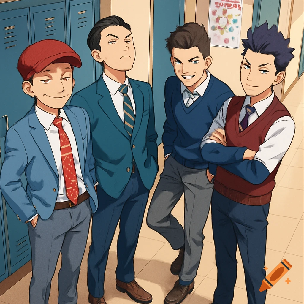 Four teenage boys standing in a school hallway by lockers, anime style.