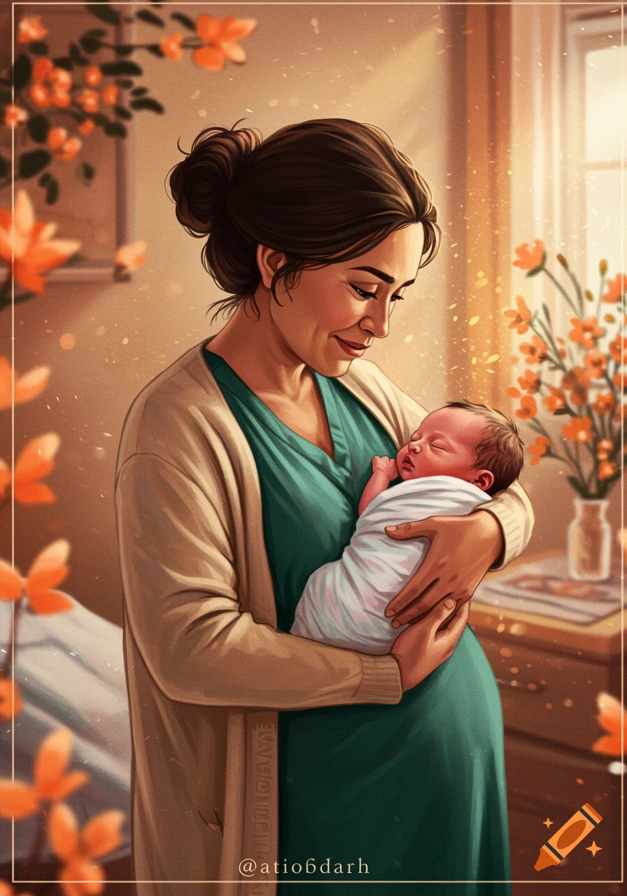 Illustration of a woman in medical scrubs holding a newborn baby in a warm, sunlit hospital room.