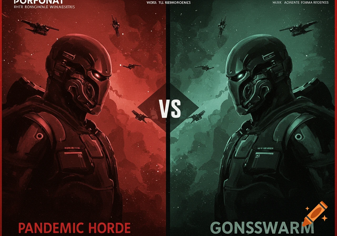 Sci-fi propaganda poster of two armored figures against spaceships in a red and green split space background, with text 'Pandemic Horde vs Gonsswarm'.