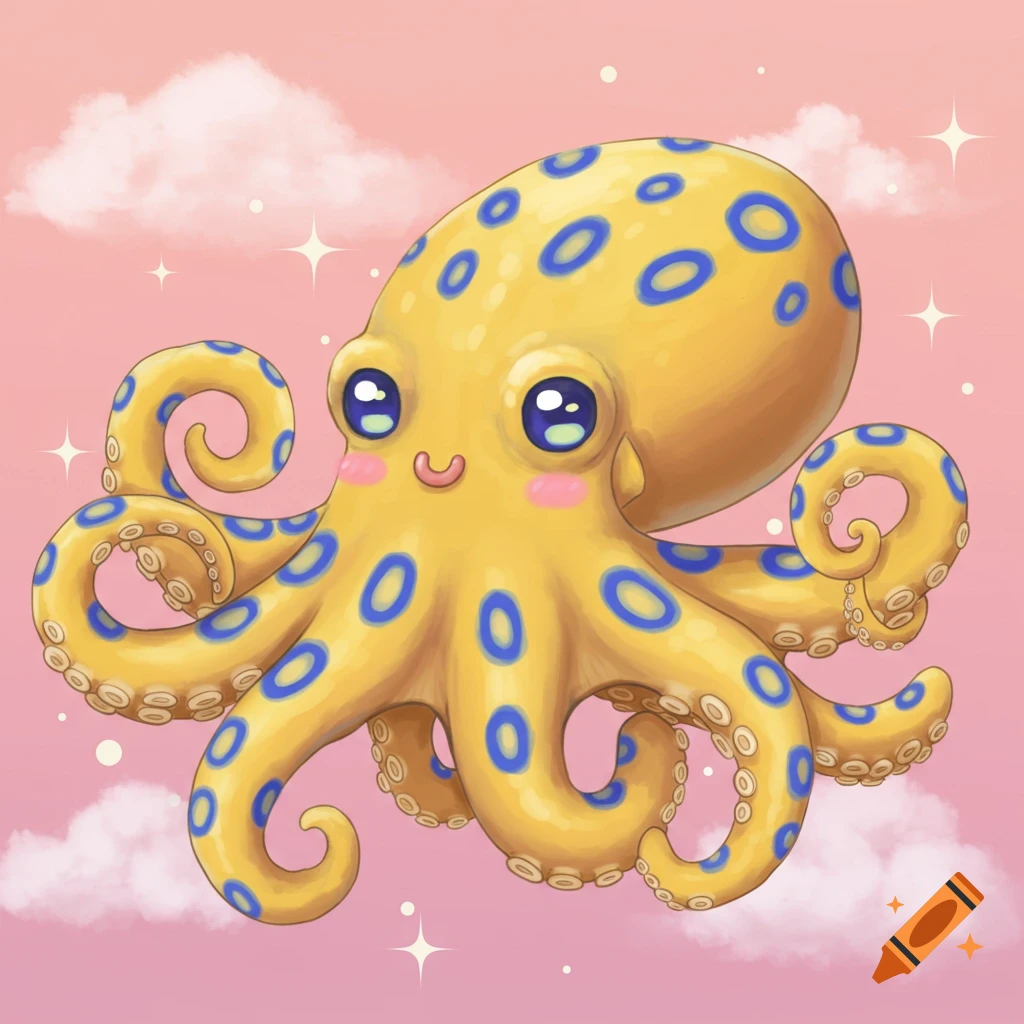 A cute yellow blue-ringed octopus floats in a pink sky with clouds and sparkles, in a kawaii cartoon style.