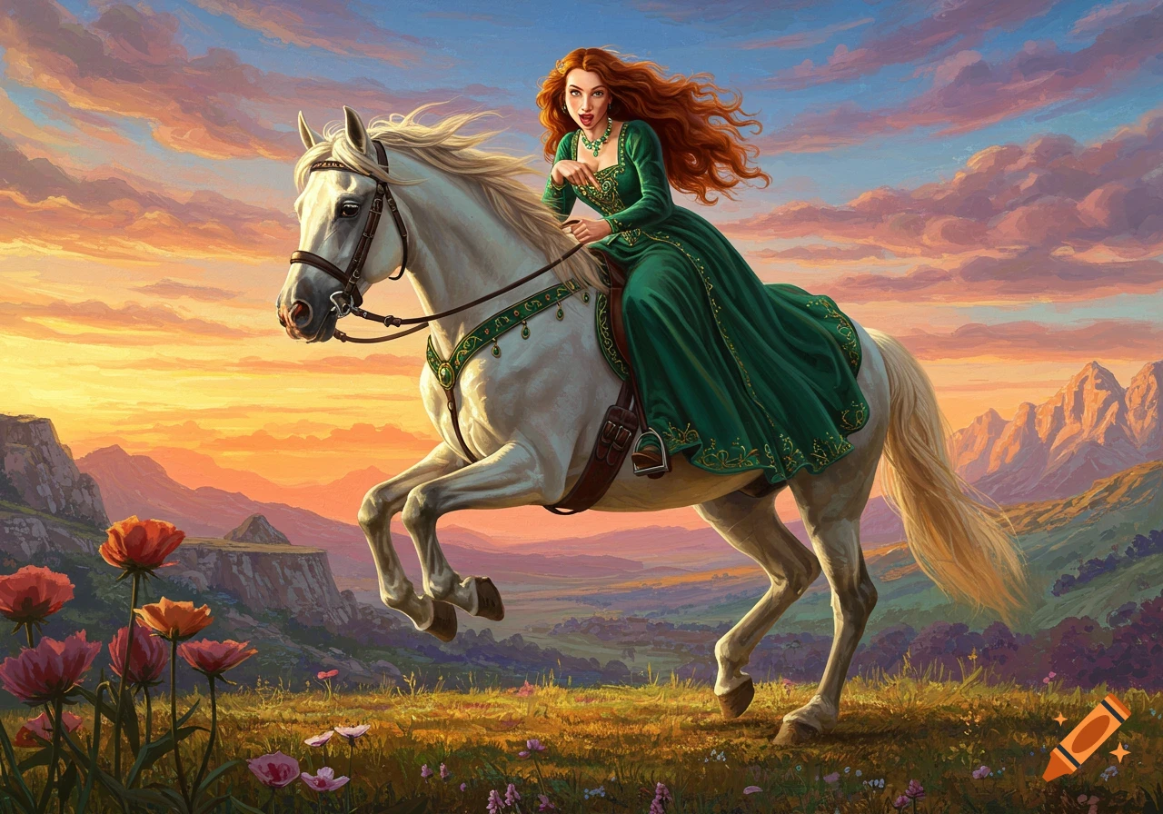 Woman rides white horse in fantasy landscape at sunset