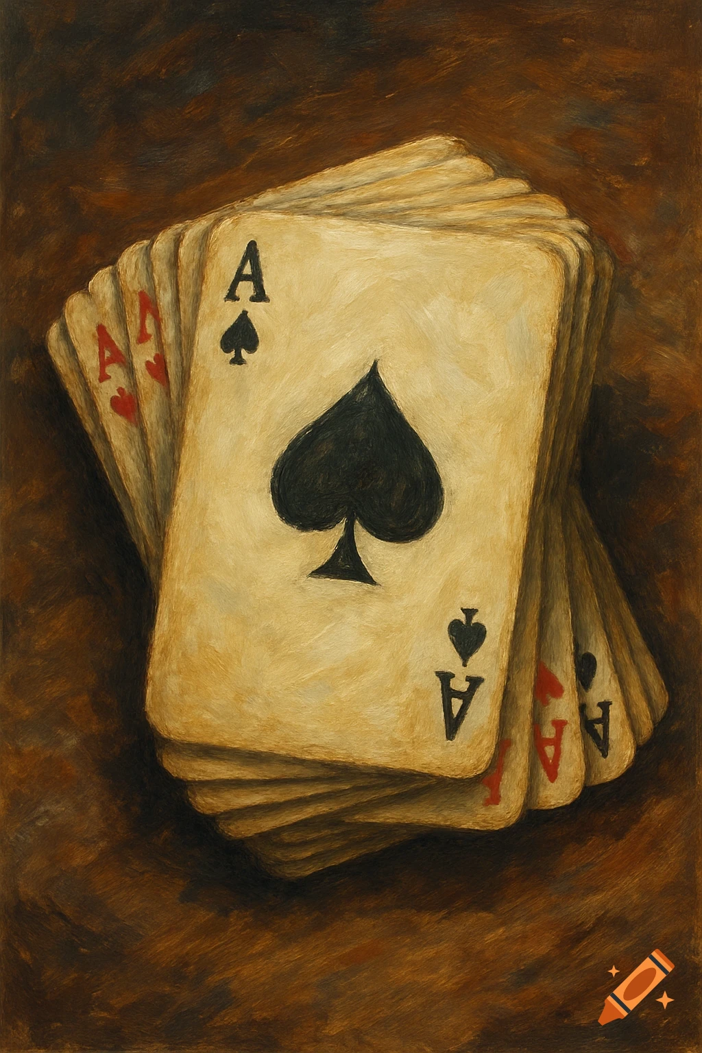 Painterly still life of a fan of vintage playing cards, featuring the ace of spades.
