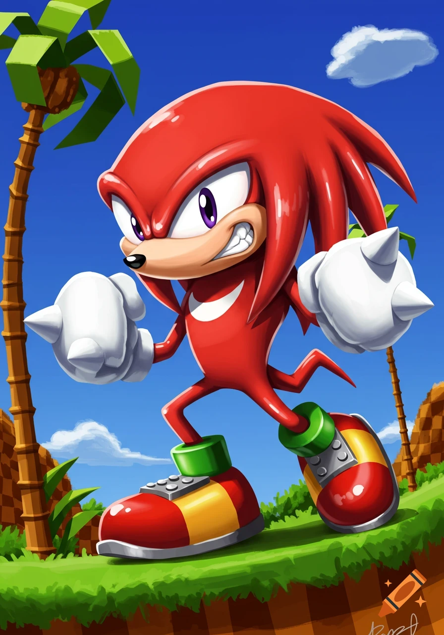 Knuckles the Echidna from Sonic the Hedgehog in a pose against a Green Hill Zone background.