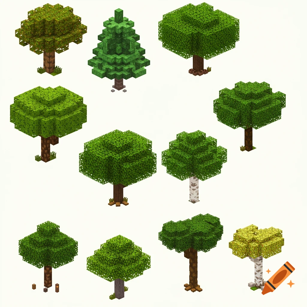 A grid of multiple trees in a Minecraft or voxel art style.