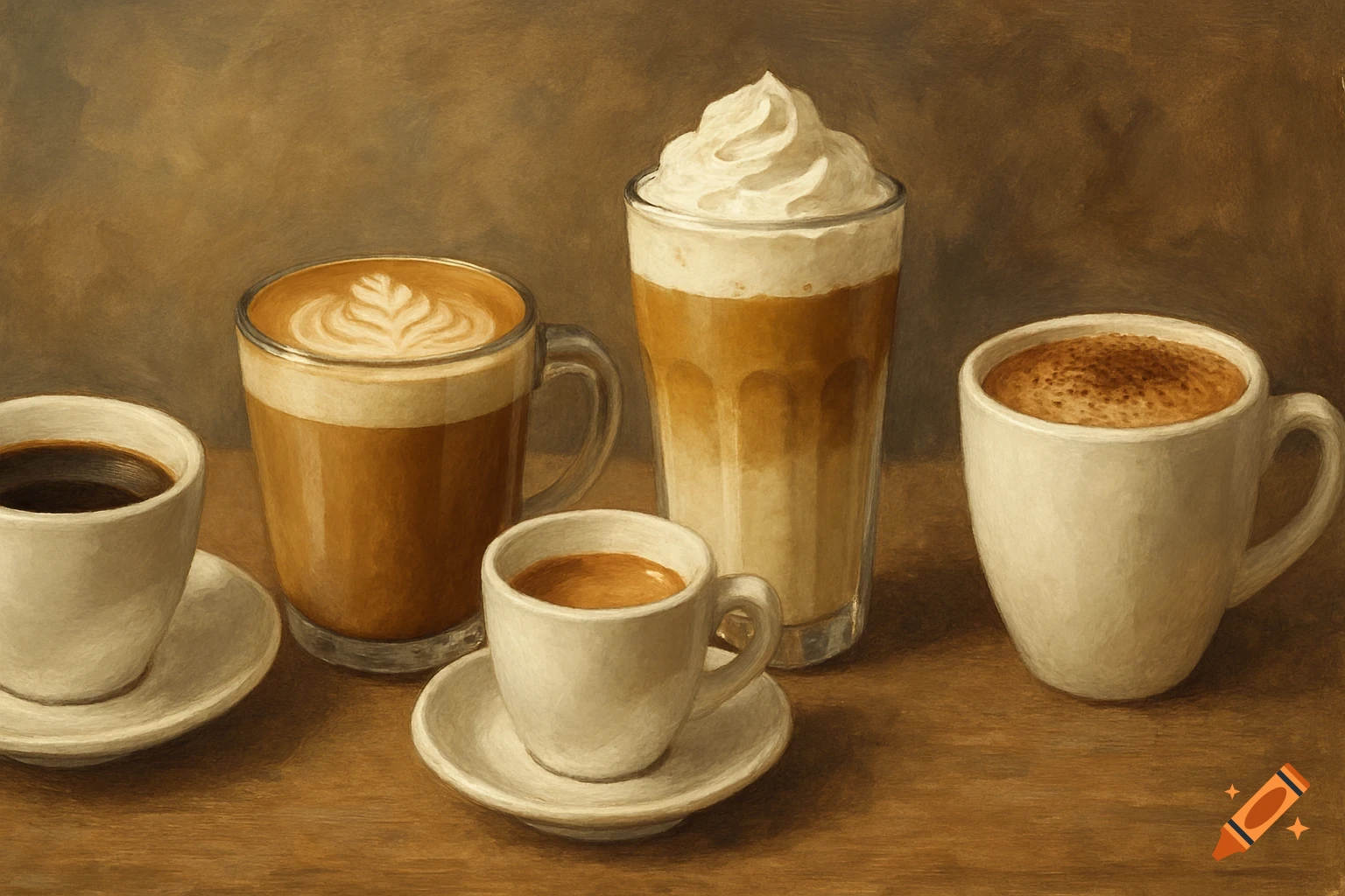 A painting of multiple cups and glasses of coffee on a table.