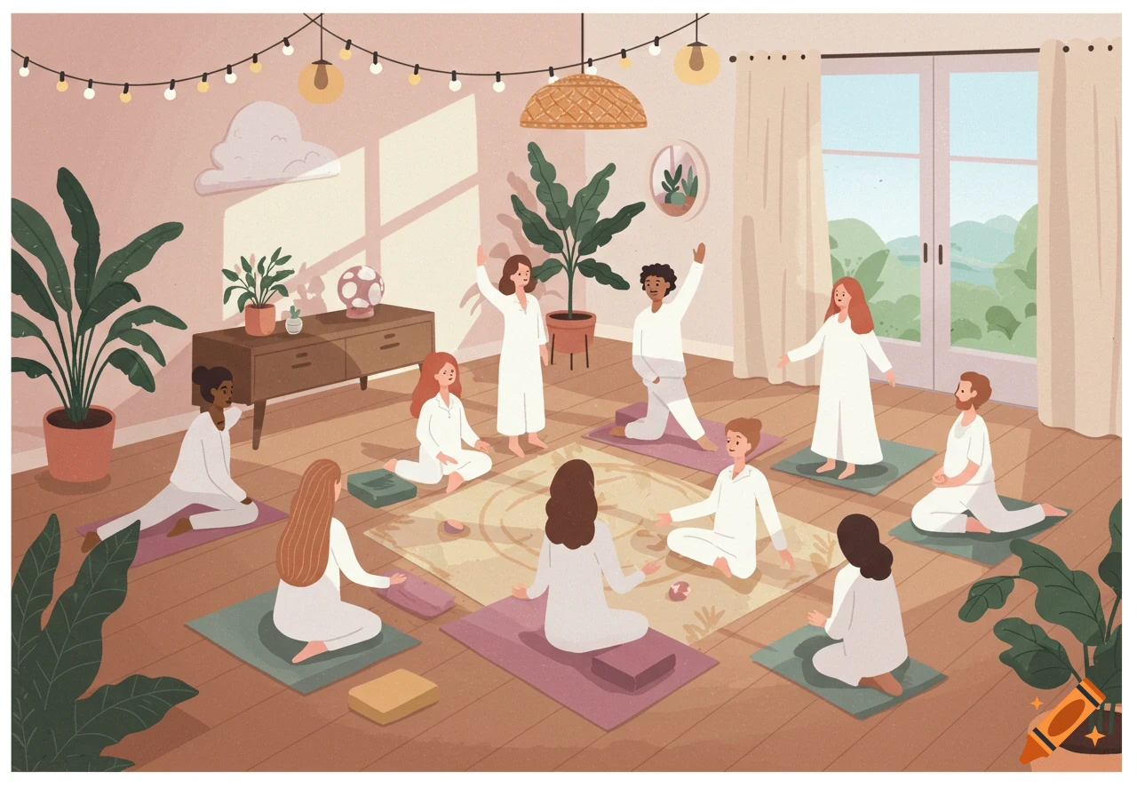 Cartoon illustration of a diverse group of people doing yoga indoors.