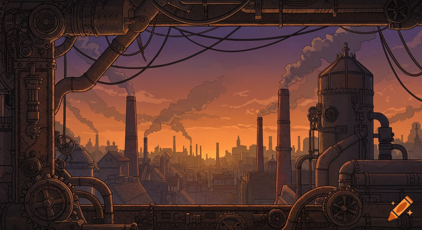 A detailed steampunk industrial cityscape illustration with large pipes and gears framing smokestacks, buildings, and smoke under a sunset sky.